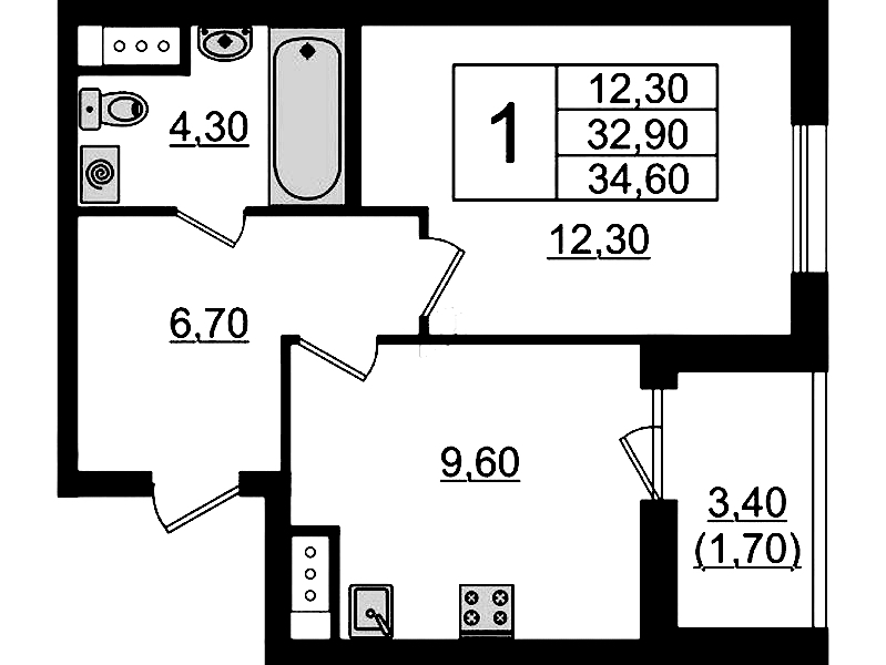 1-комнатная квартира 34.6 м², 9/9 эт., ЖК «А101 Лаголово»